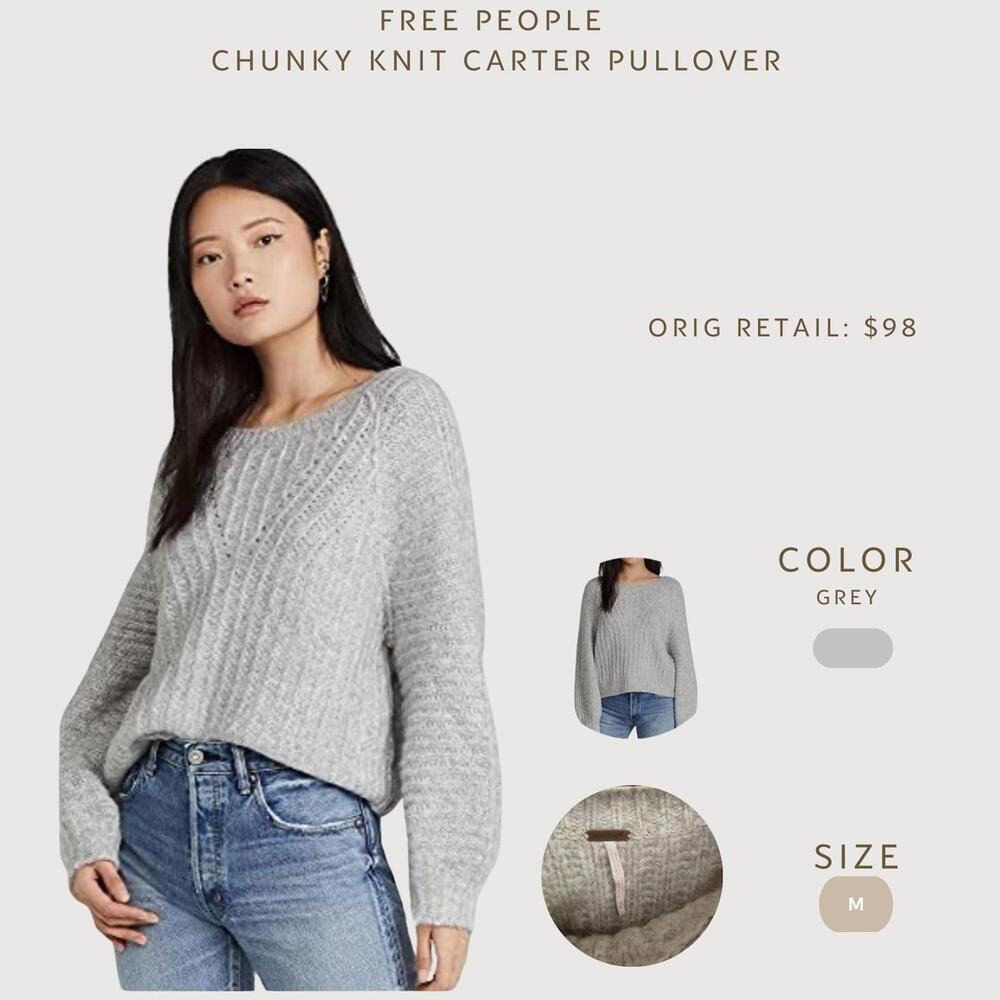 Free People Grey Chunky Knit Carter Pullover Sweater | Cozy Oversized Fit